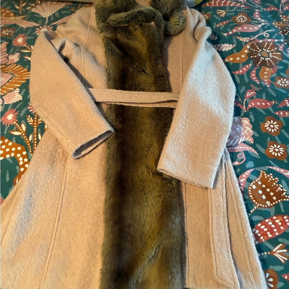 Elevenses Anthropologie Tan Coat with Faux Fur Trim - size 12